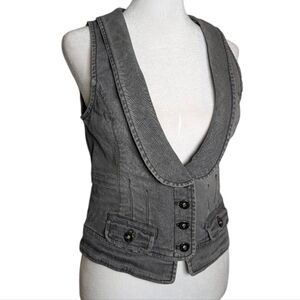 Vintage Personal Identity Gray Stretch Denim Tiny Crop Vest Button Details M